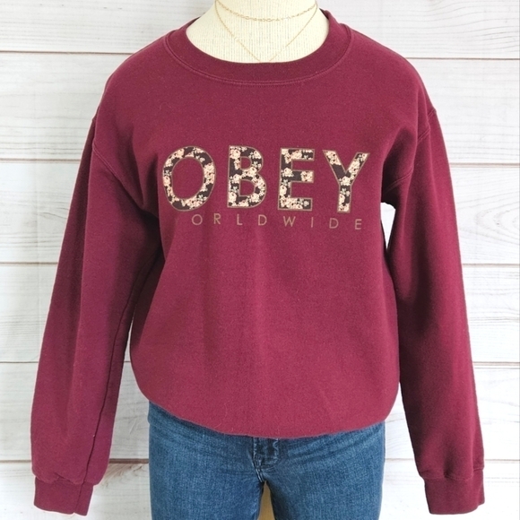 Obey Worldwide Propaganda Logo Cotton Crewneck Sweatshirt in Plum Size Small - Picture 2 of 10